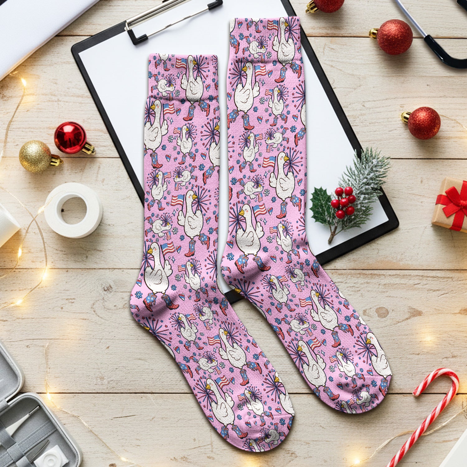 Patriotic Goose With USA Flag Fireworks Socks, Breathable Fabrics Medical Uniform