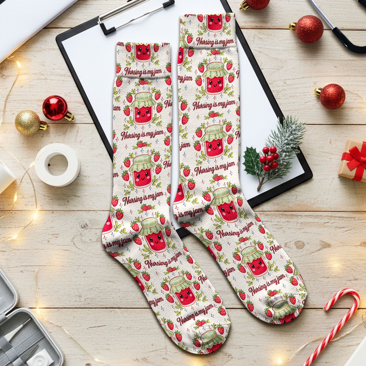 Cute Strawberry Jam Nurse Pattern Socks, Breathable Fabrics Medical Uniform