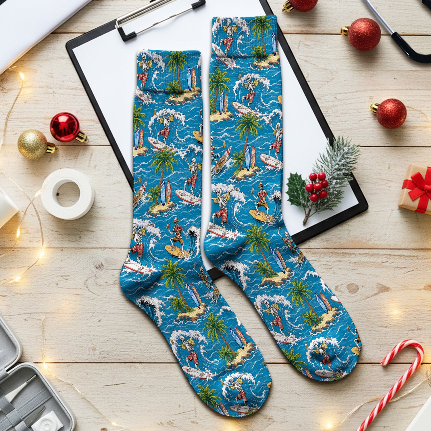 Spooky Tropical Skeleton Surfer Pattern Socks, Adult Socks for Men and Women