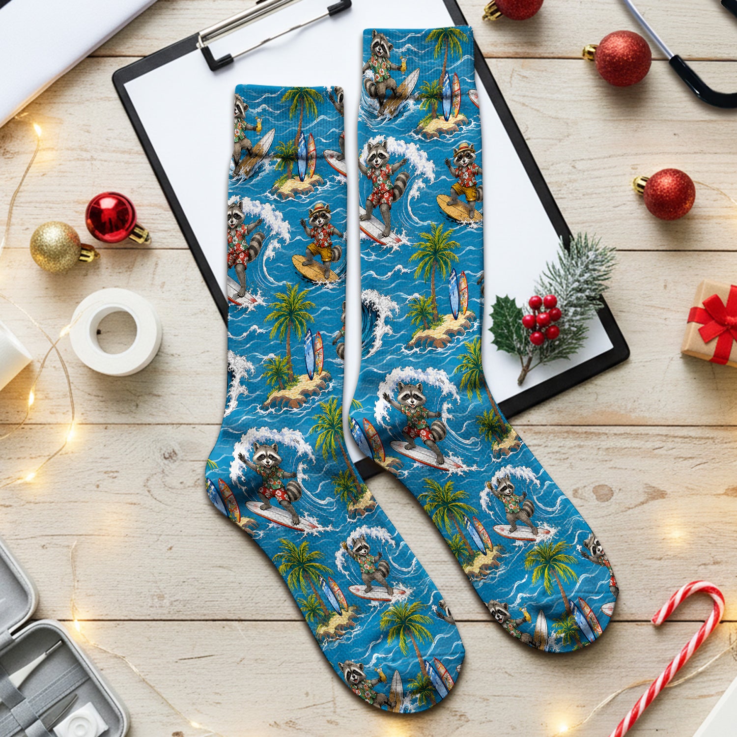 Tropical Surfing Raccoon Island Pattern Socks, Adult Socks for Men and Women