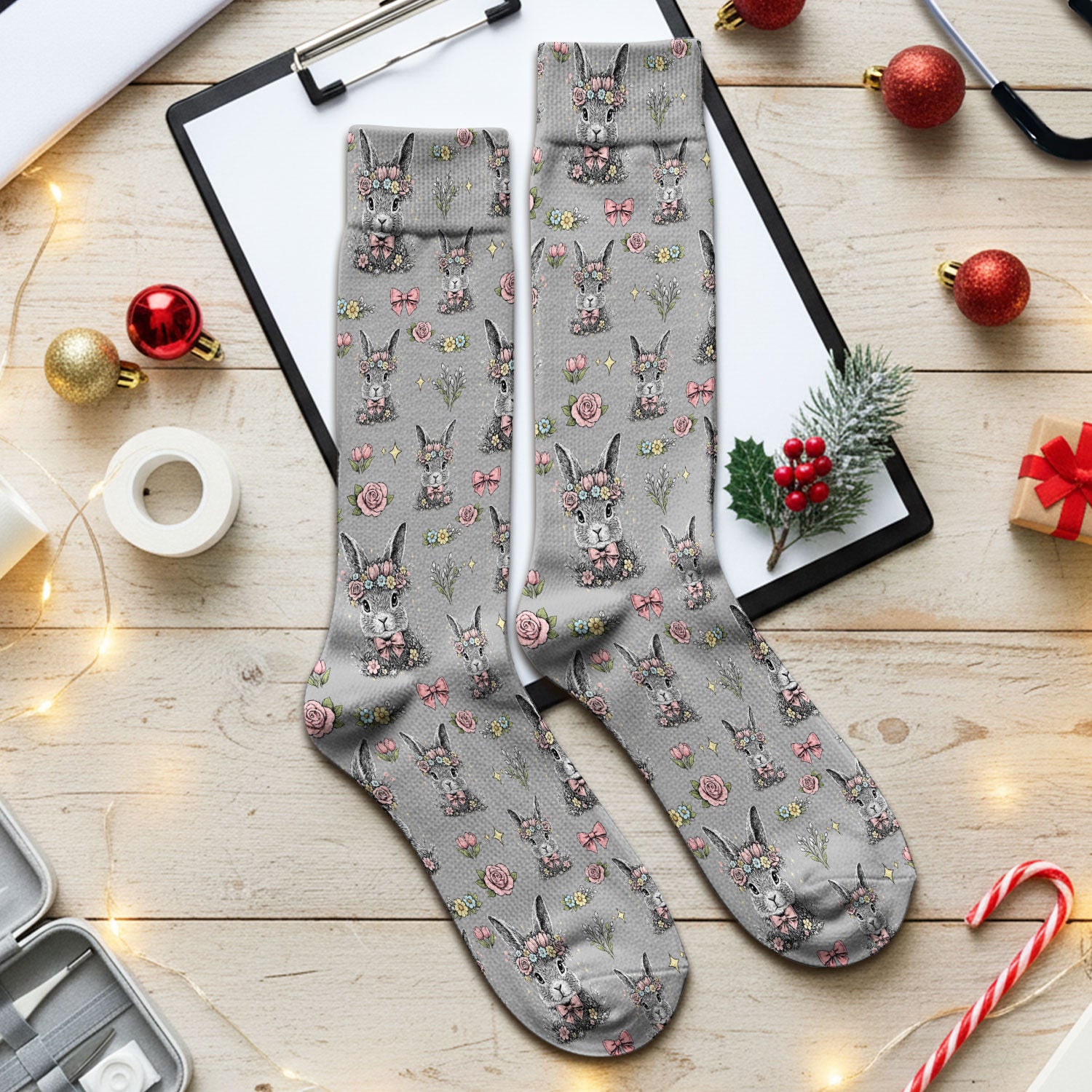 Vintage Floral Bunny Print Socks, Breathable Fabrics Medical Uniform