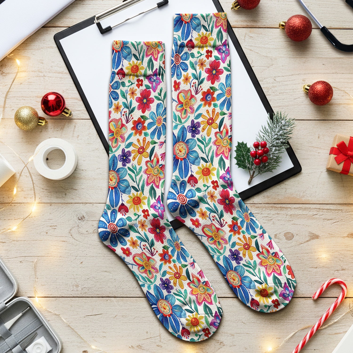 Colorful Folk Floral Print Socks, Adult Socks for Men and Women