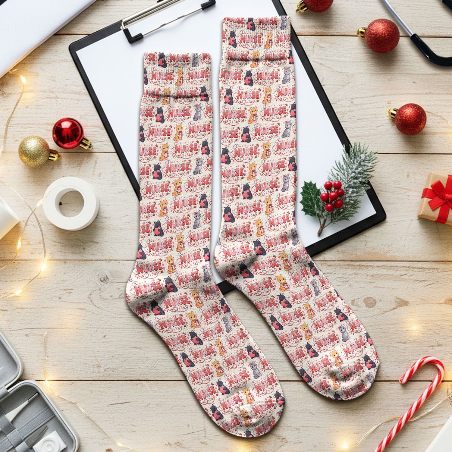 Nurse Cat Heart Pattern Valentine Socks, Socks for Nurse Doctor Adult