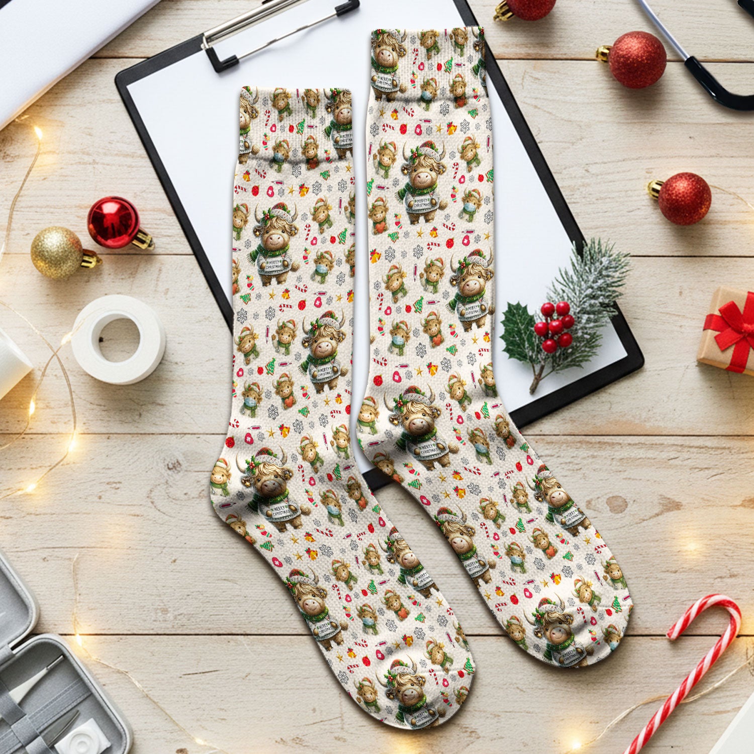 Highland Cow Christmas Socks, Funny Holiday Cow Pattern Nurse Socks, Cozy Medical Crew Socks, Perfect Christmas Gift For Nursing