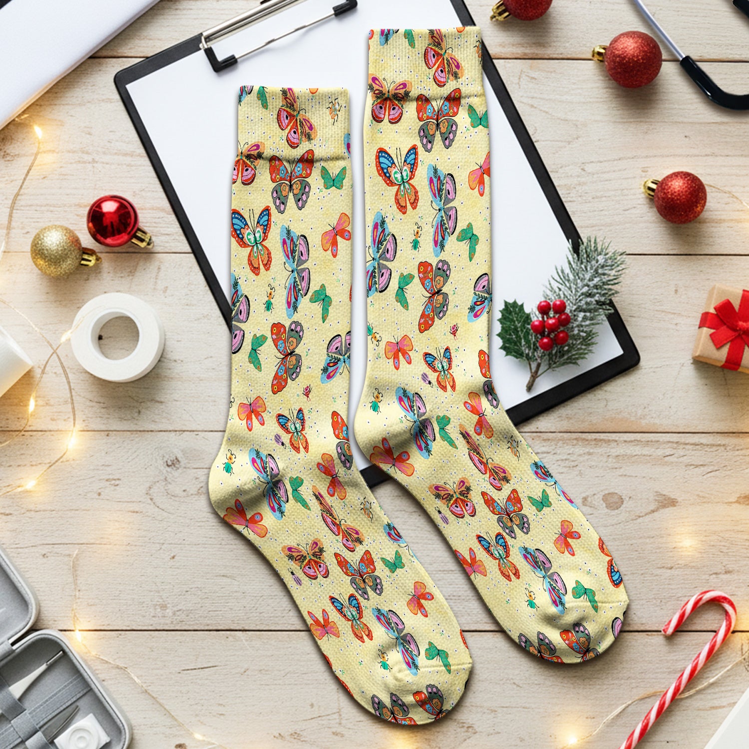Colorful Butterfly Garden Pattern Socks, Breathable Fabrics Medical Uniform
