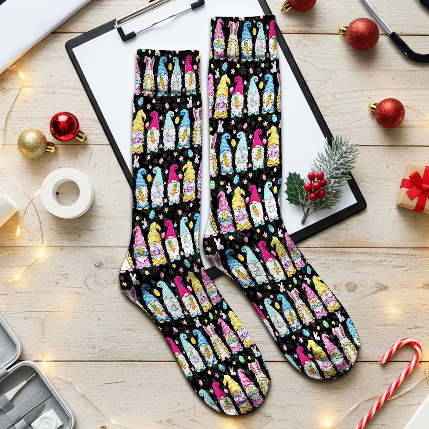 Colorful Easter Gnome Bunny Eggs Pattern Socks, Socks for Nurse Doctor