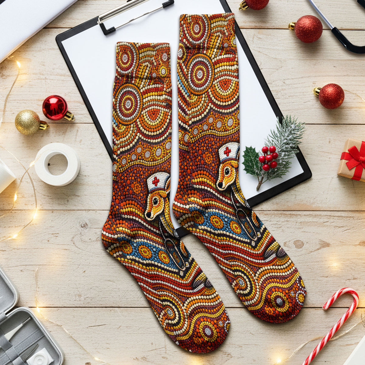 Australian Aboriginal Nurse Scrub Socks, Kangaroo Dot Art Medical Nurses Sock, Breathable Fabrics Nursing Uniform