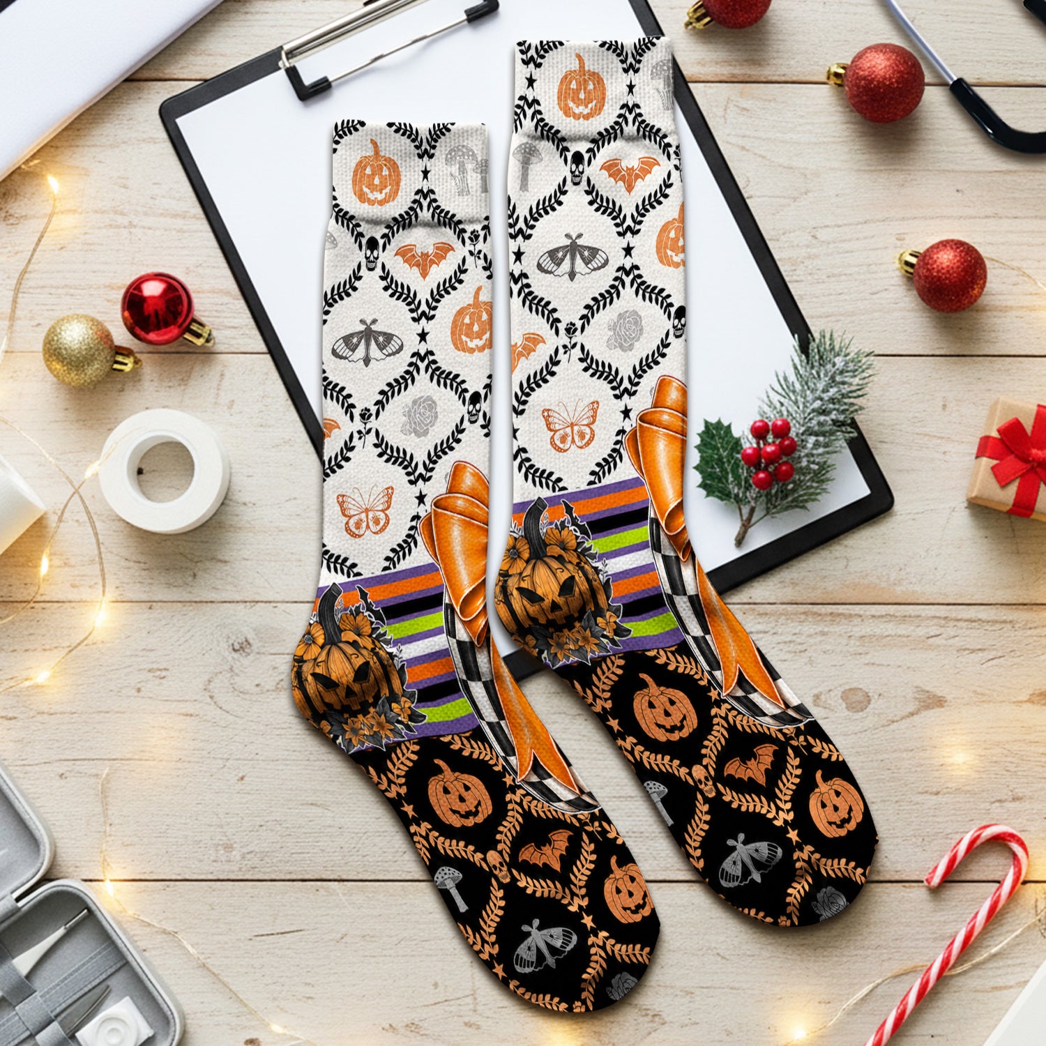 Halloween Checkered Pumpkin With Bow Pattern Socks, Adult Socks for Men and Women