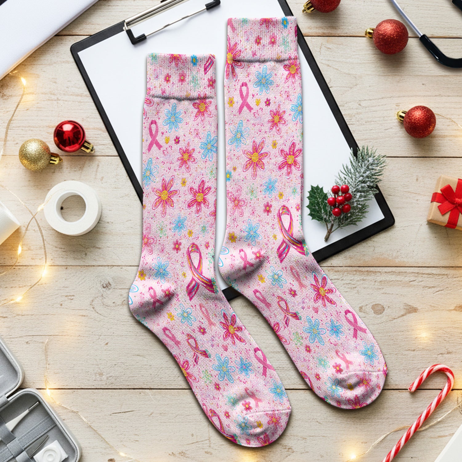 Floral Breast Cancer Awareness Print Socks, Adult Socks for Men and Women