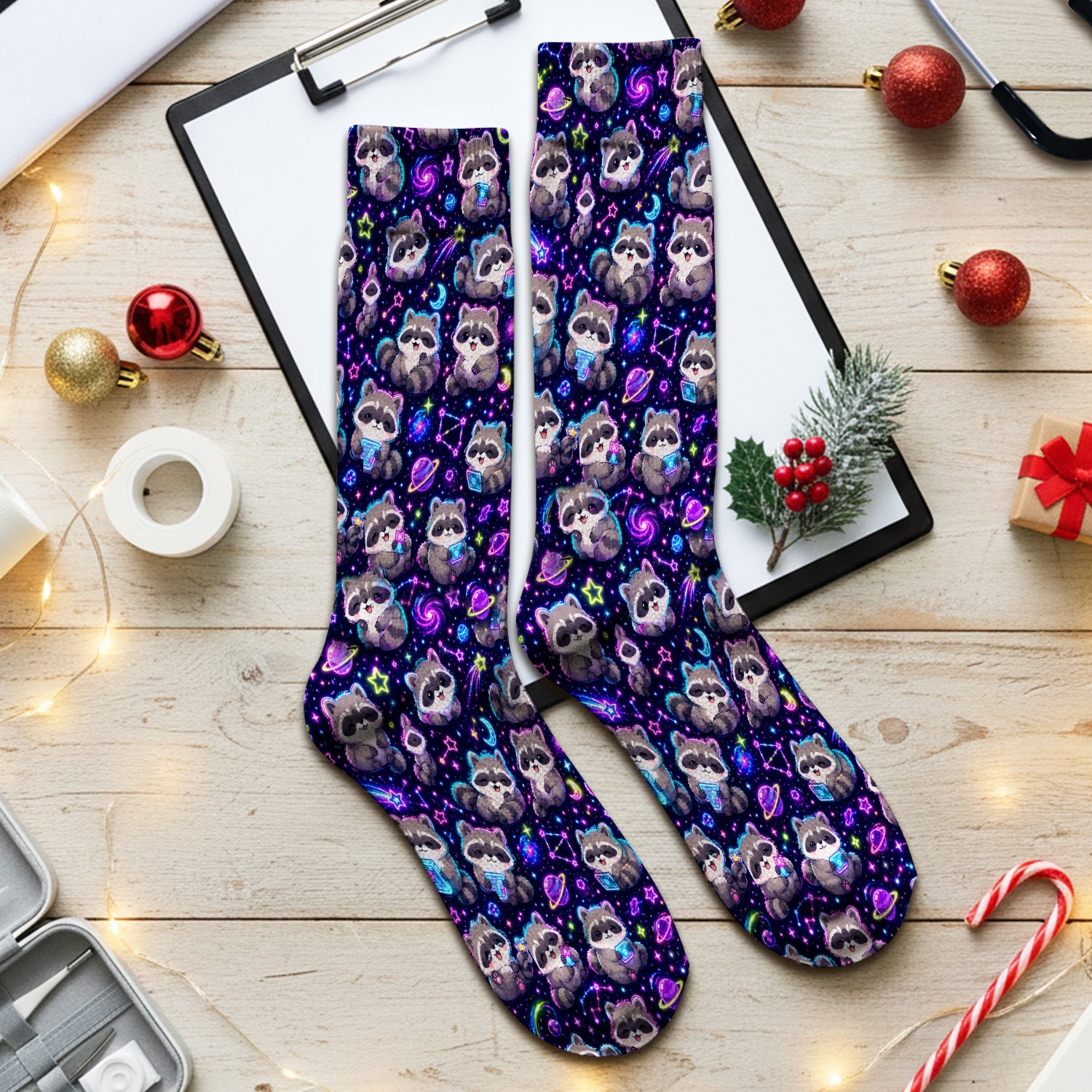 Neon Galaxy Raccoon Space Pattern Socks, Adult Socks for Men and Women