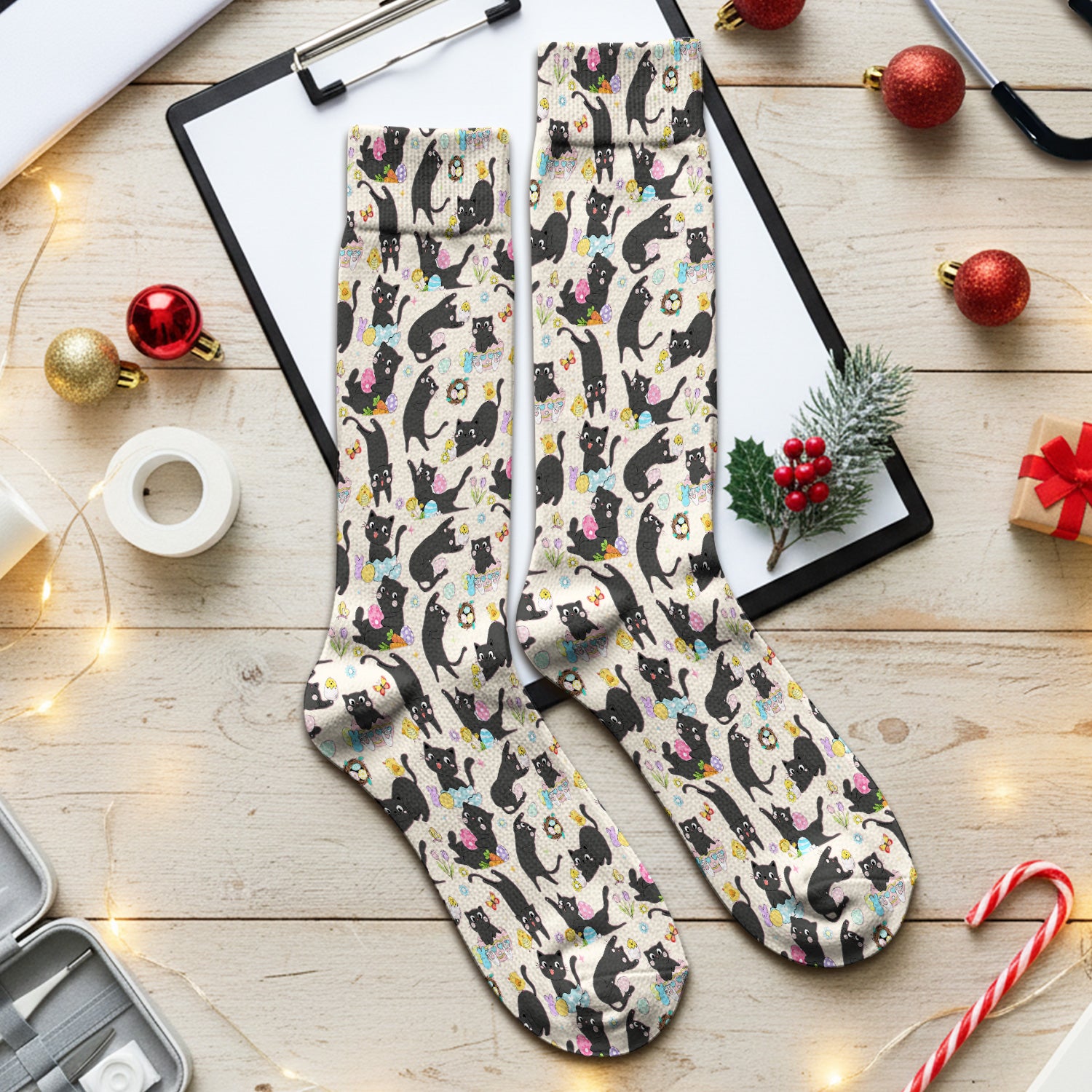 Playful Black Cat Easter Egg Pattern Socks, Breathable Fabrics Medical Uniform