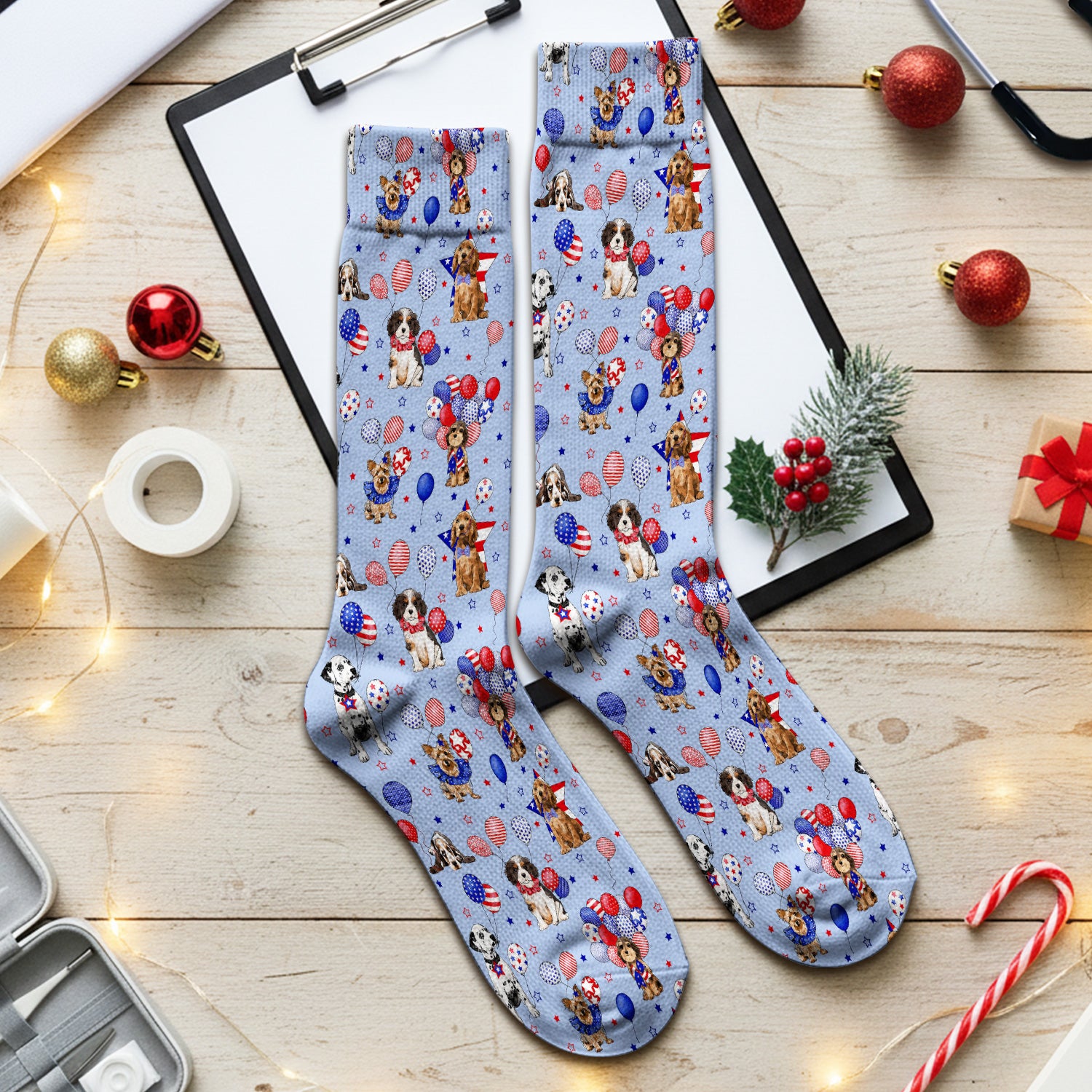 Patriotic Dogs With USA Flag Balloons Pattern Socks, Breathable Fabrics Medical Uniform