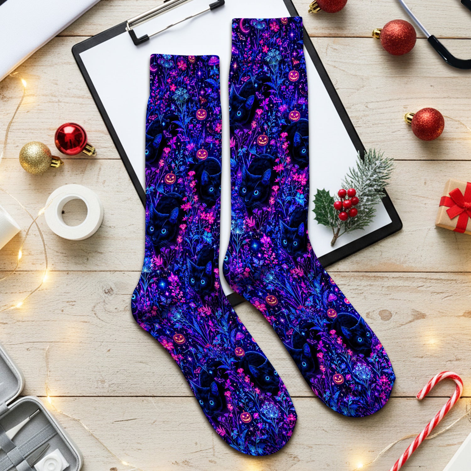 Spooky Black Cat Garden Pattern Socks, Adult Socks for Men and Women