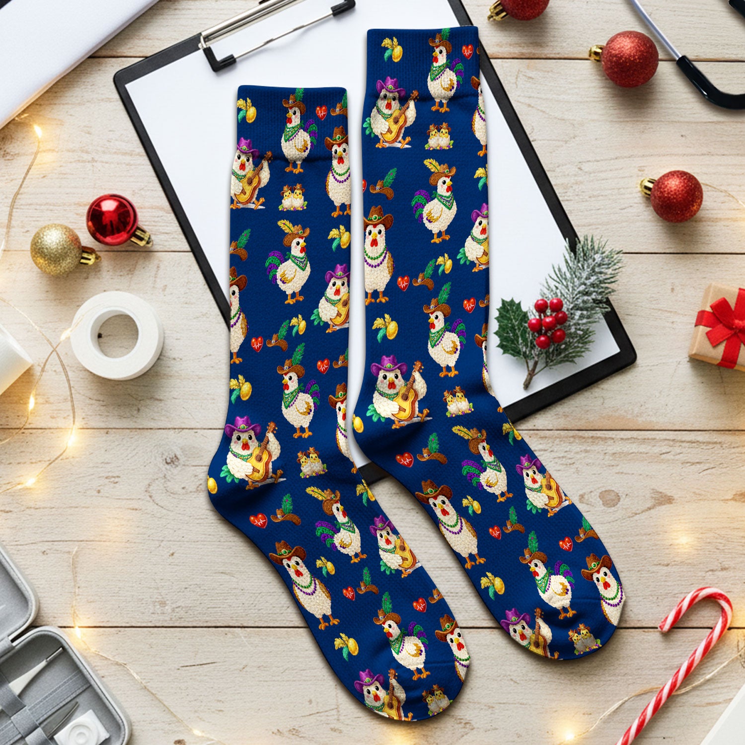 Funny Mardi Gras Rooster Cowboy Print Medical Socks, Socks for Nurse Doctor