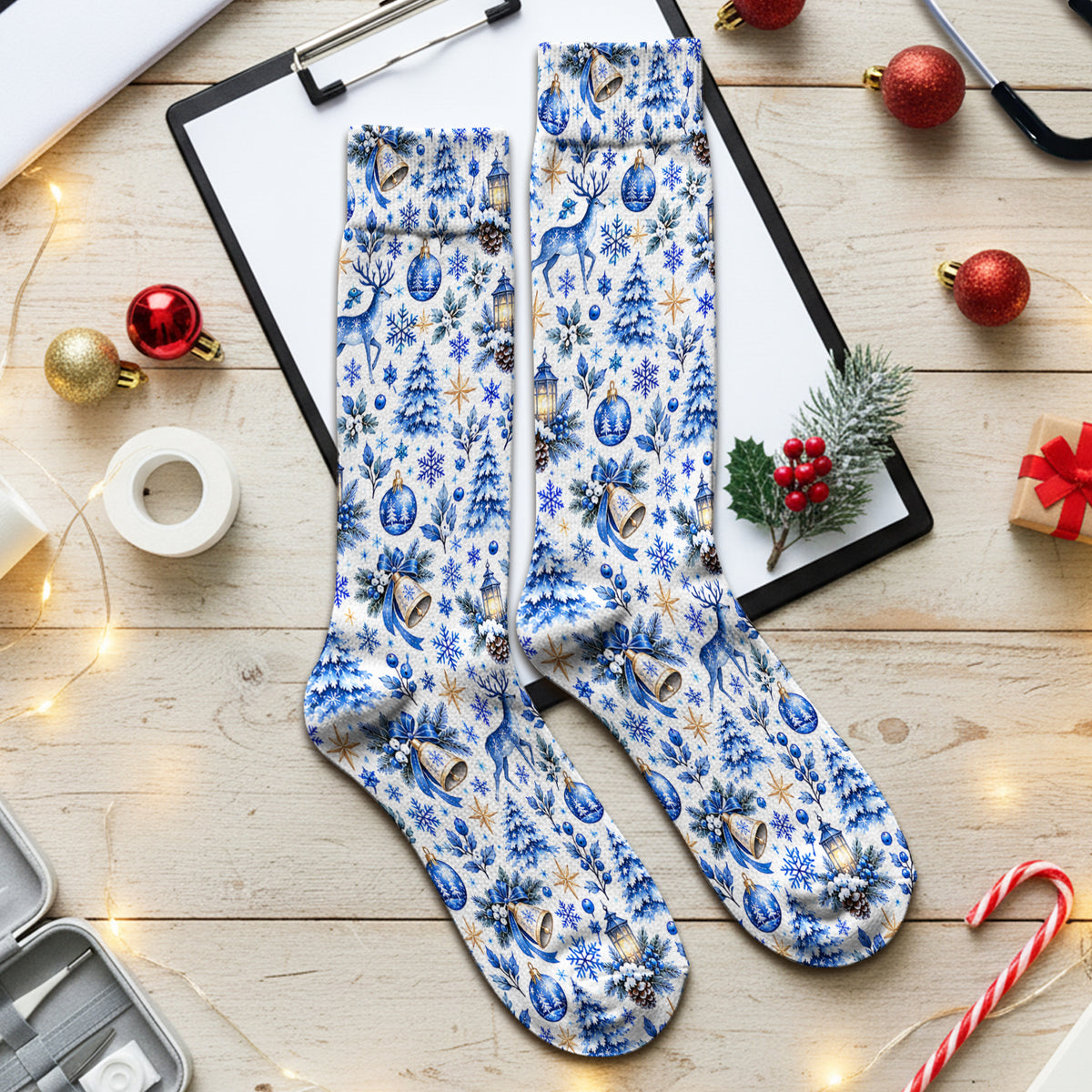 Blue Christmas Reindeer And Winter Trees Socks, Adult Socks for Men and Women