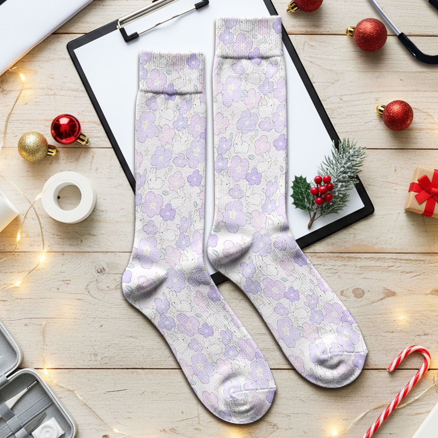 Cute Bunny Floral Pastel Pattern Socks, Socks for Nurse Doctor