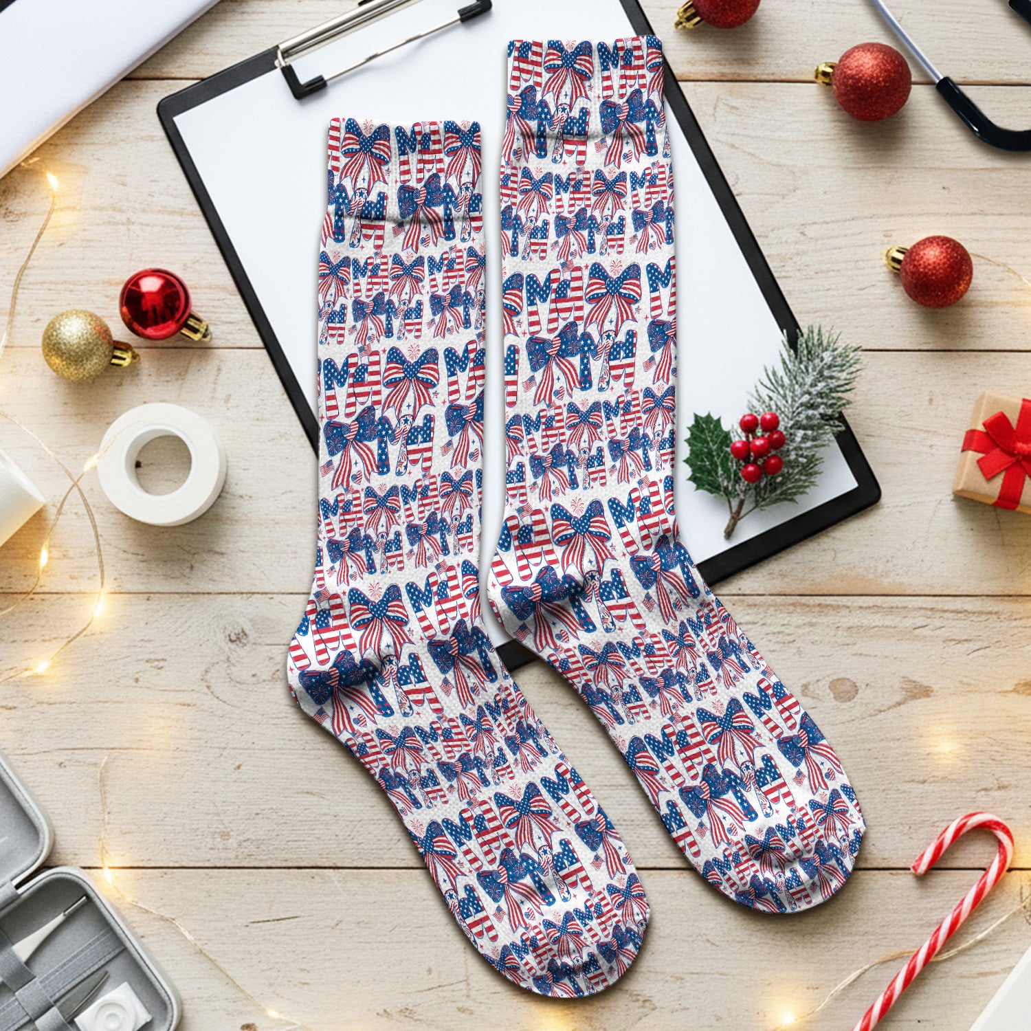 American Flag MAMA Bow Pattern Socks, Breathable Fabrics Medical Uniform