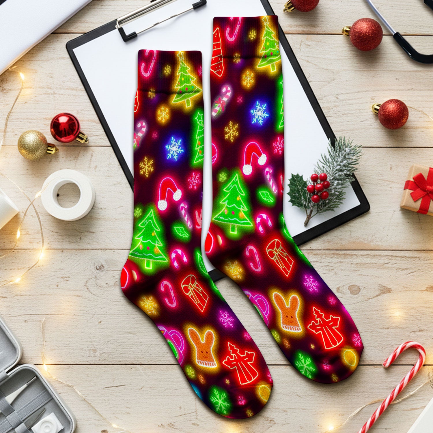 Reindeer Neon Xmas Scrub Socks, Christmas Pattern Scrub Sock,  Breathable Fabrics Nursing Uniform