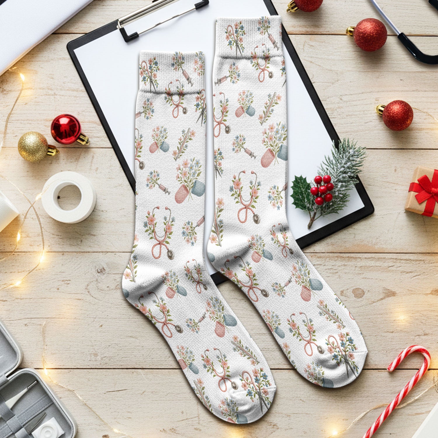 Floral Medical Scrub Socks, Elegant Stethoscope With Flower Nursing Sock, Breathable Fabrics Nurse Uniform