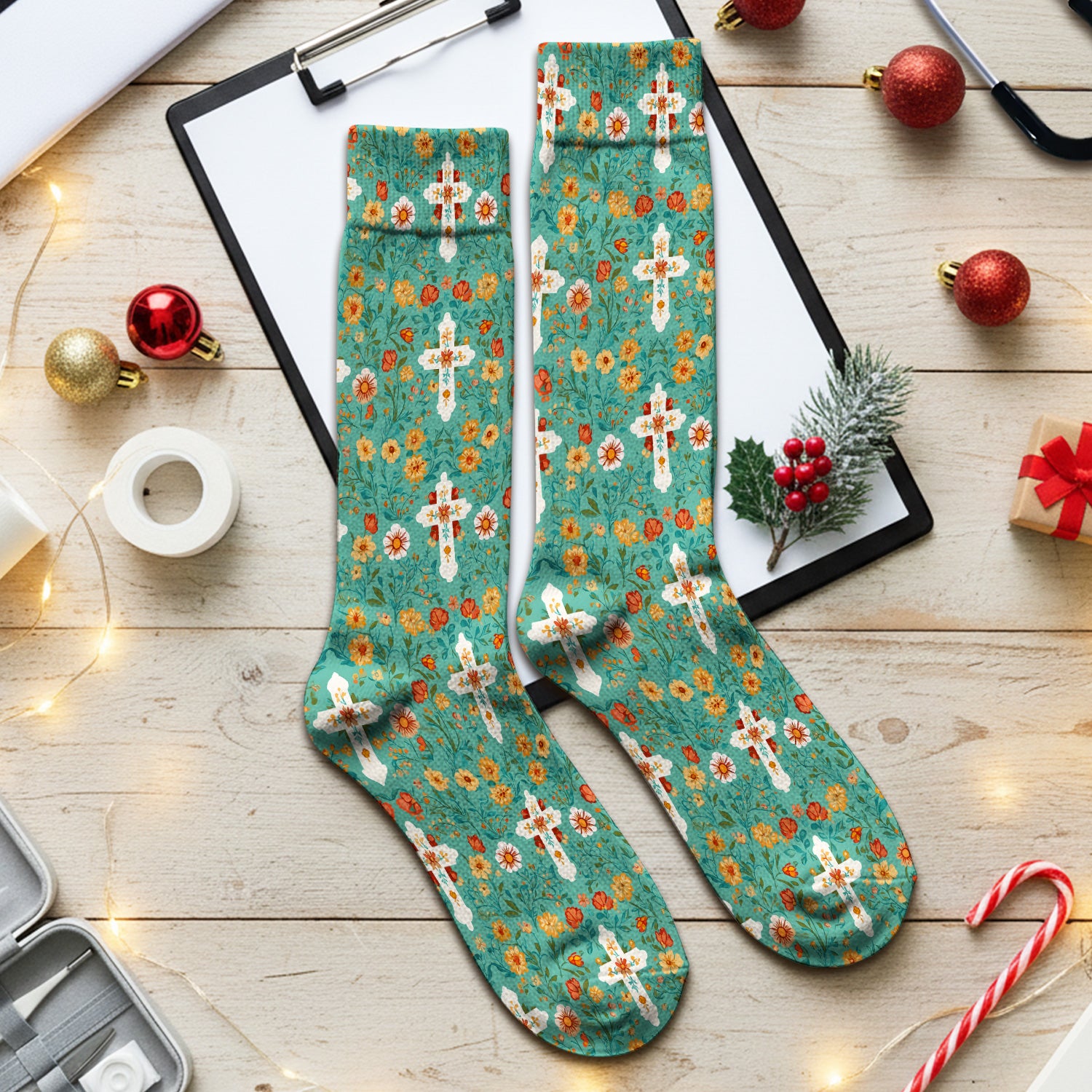 Christian Faith Floral Cross Pattern Socks, Adult Socks for Men and Women