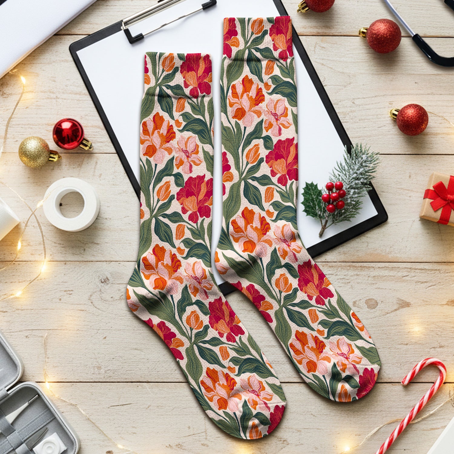 Pretty Tropical Floral Print Socks, Adult Socks for Men and Women