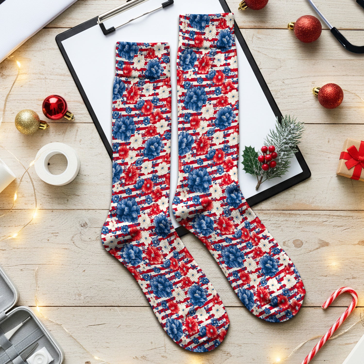 Patriotic Nurse Floral Stripe Pattern Socks, Adult Socks for Men and Women
