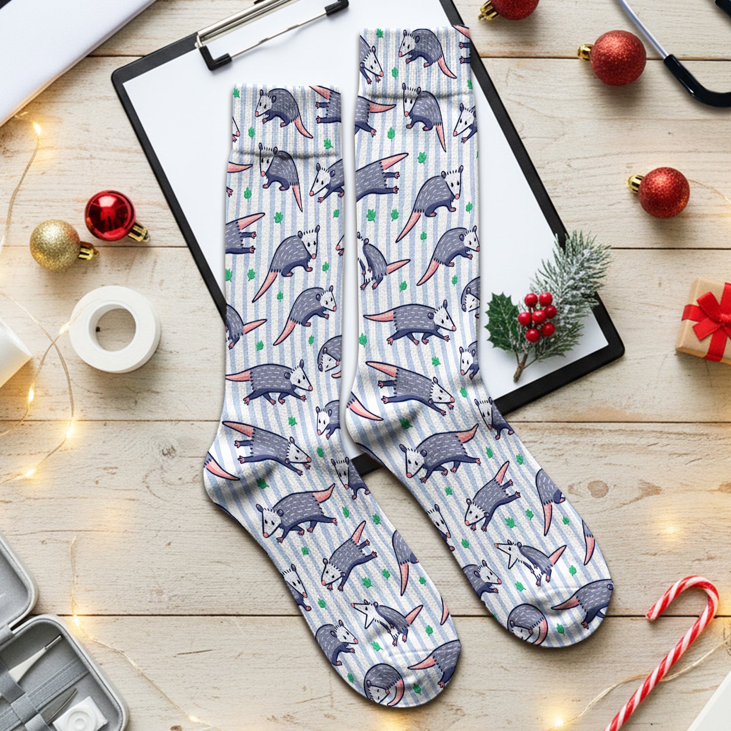 Cute Opossum Blue Stripe Pattern Socks, Socks for Nurse Doctor