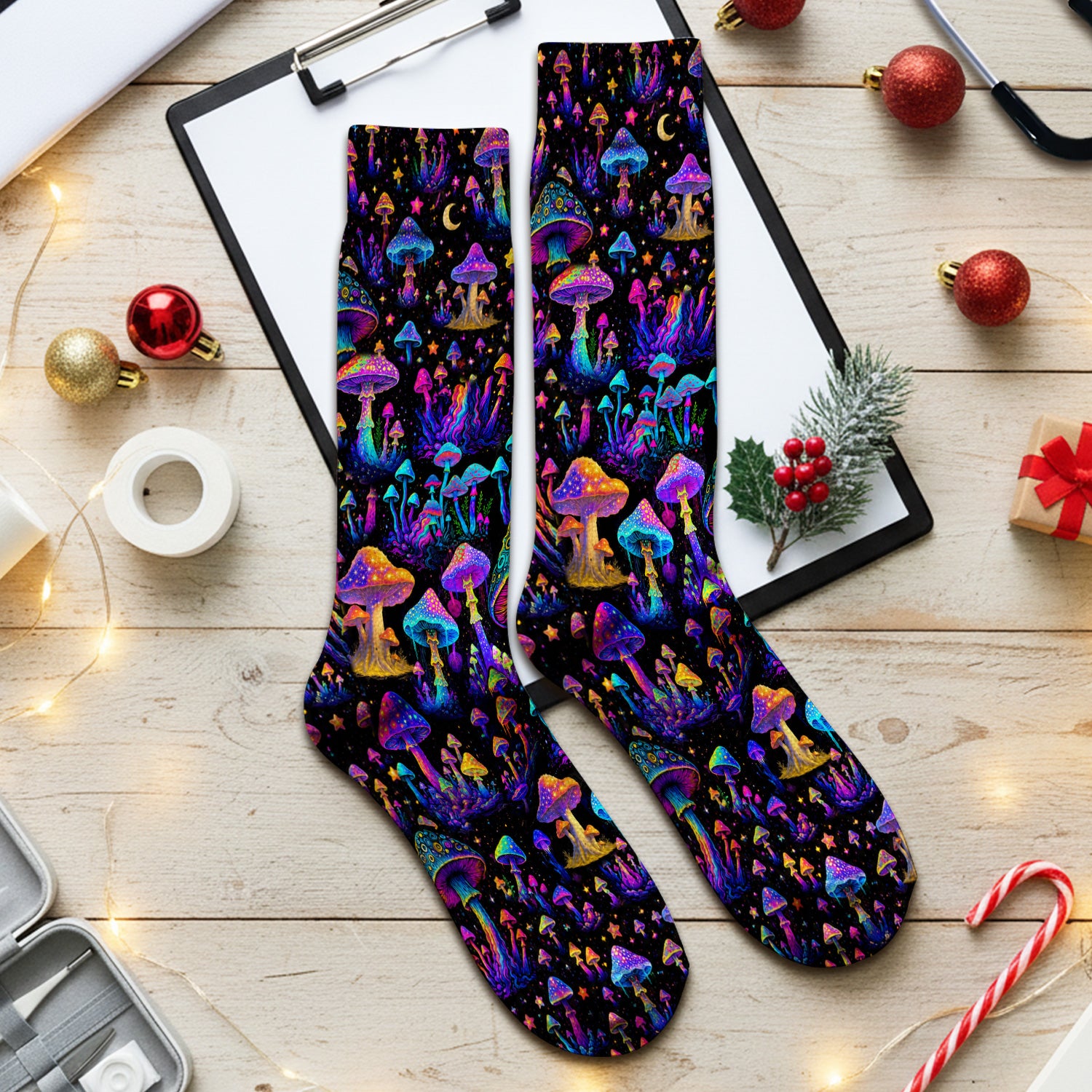 Neon Fantasy Mushroom Print Socks, Adult Socks for Men and Women
