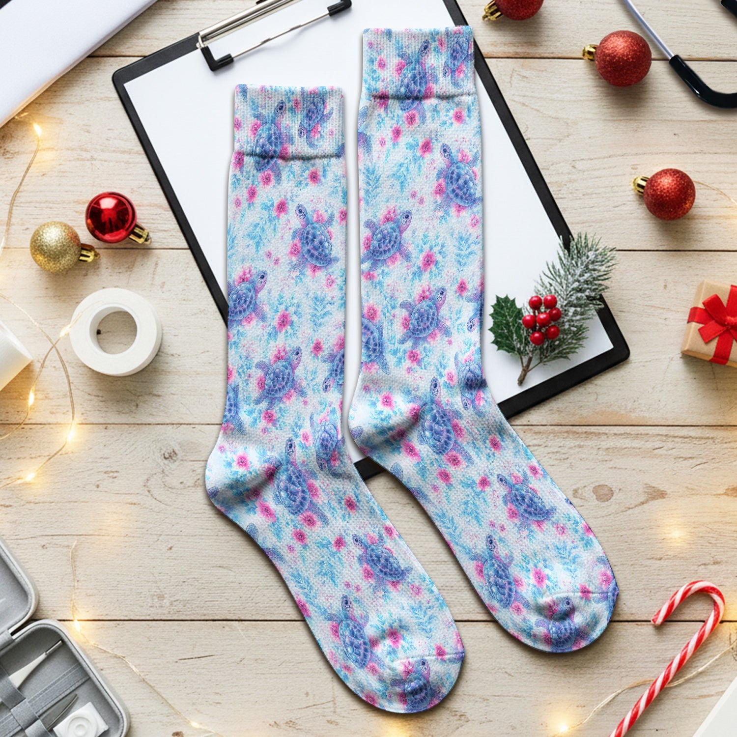 Cute Sea Turtle Floral Print Socks, Adult Socks for Men and Women