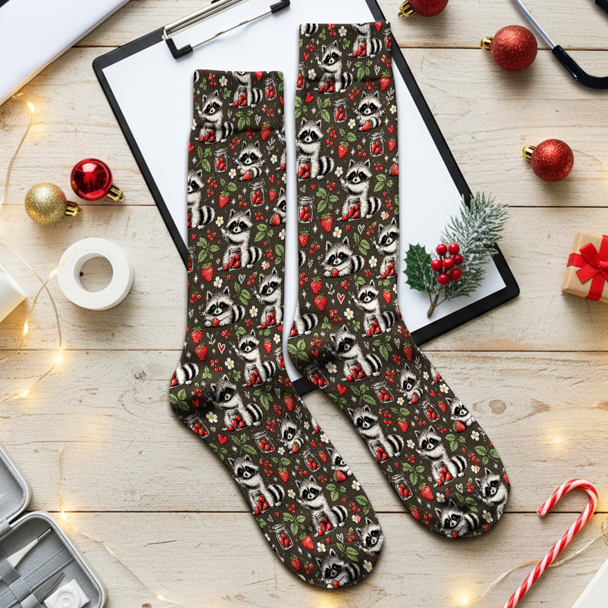 Cute Raccoons And Strawberries Pattern Socks, Adult Socks for Men and Women