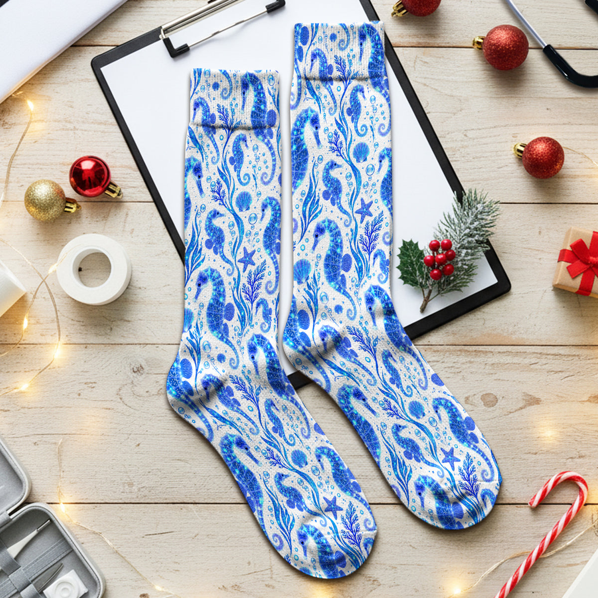 Blue Ocean Seahorse Pattern Socks, Adult Socks for Men and Women
