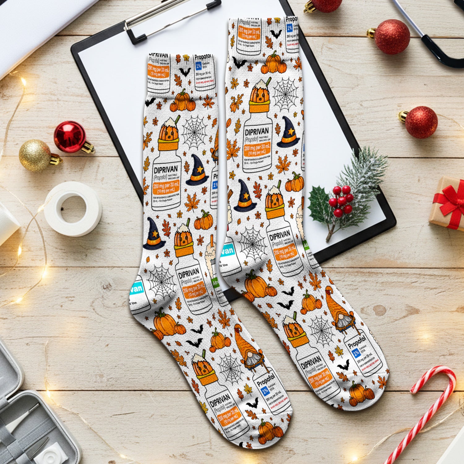 Funny Witch Hat & Pumpkin Print Socks, Adult Socks for Men and Women