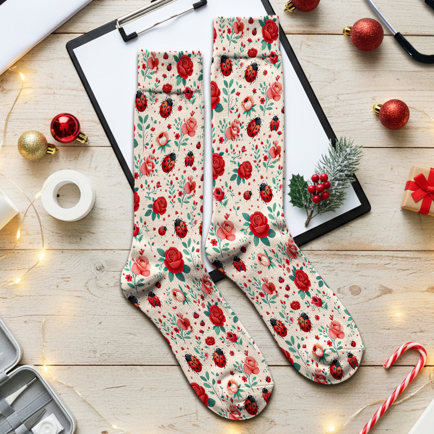 Cute Ladybug Red Rose Floral Socks, Socks for Nurse Doctor