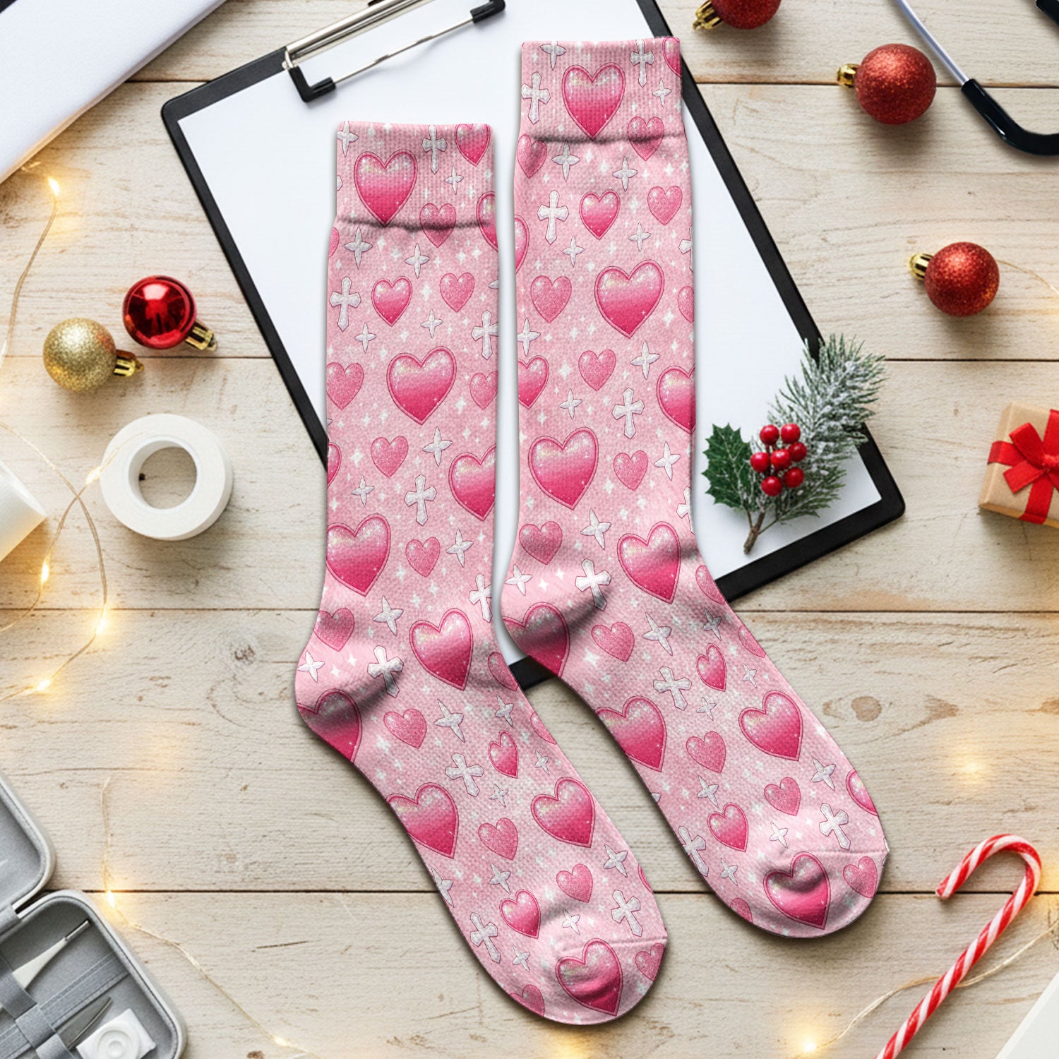 Pink Heart & Cross Pattern Medical Socks, Breathable Fabrics Medical Uniform