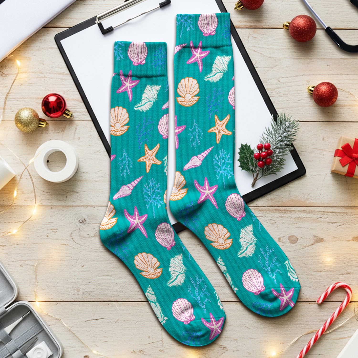Colorful Seashell Starfish Ocean Stripe Pattern Sock, Breathable Fabrics Medical Uniform