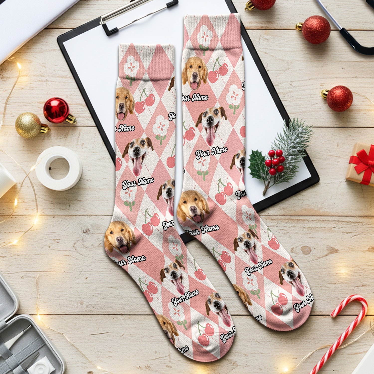 Custom Dog Face Sock, Playful Dog Cherry Argyle Pattern, Breathable Fabrics Medical Uniform