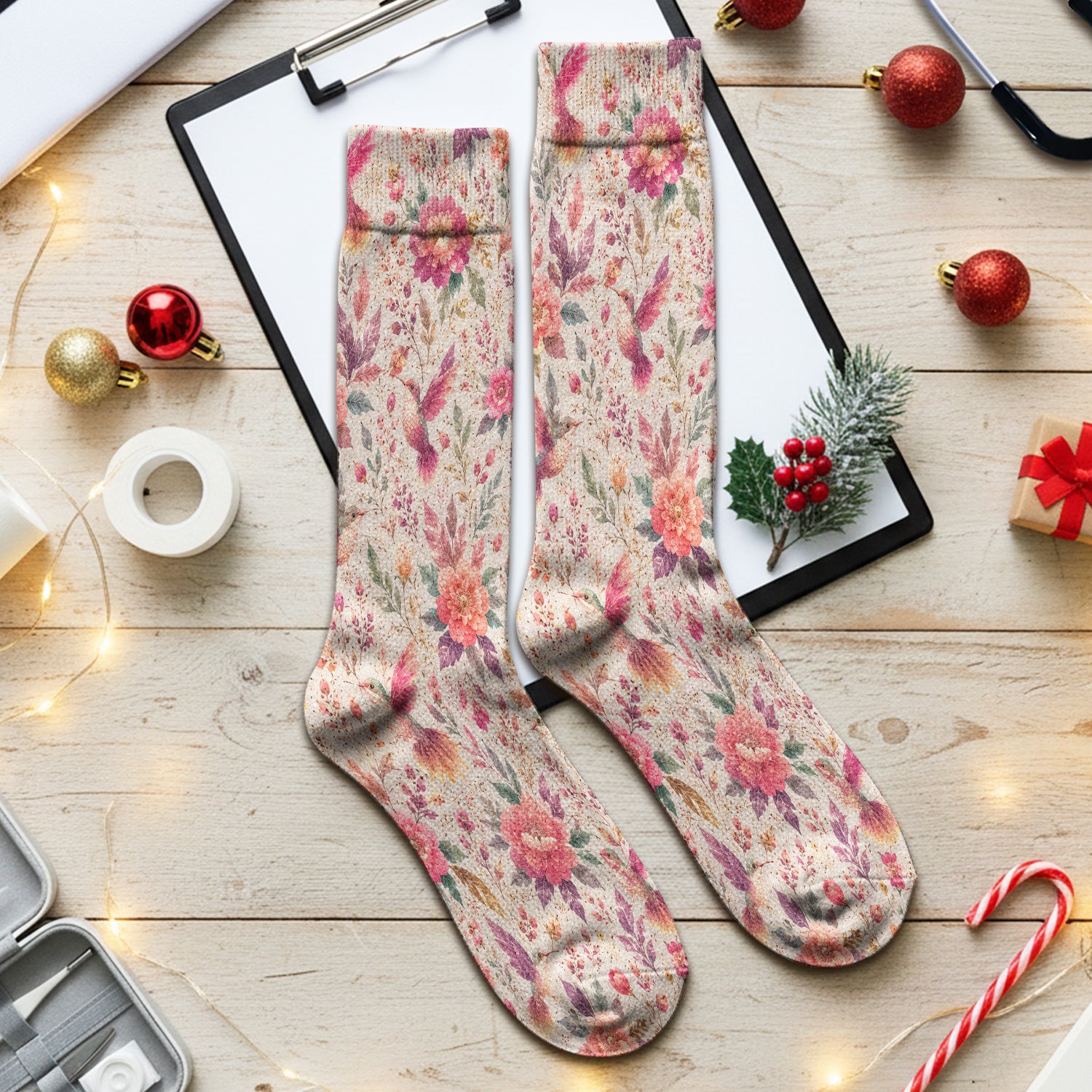 Hummingbird Floral Garden Pattern Socks, Adult Socks for Men and Women