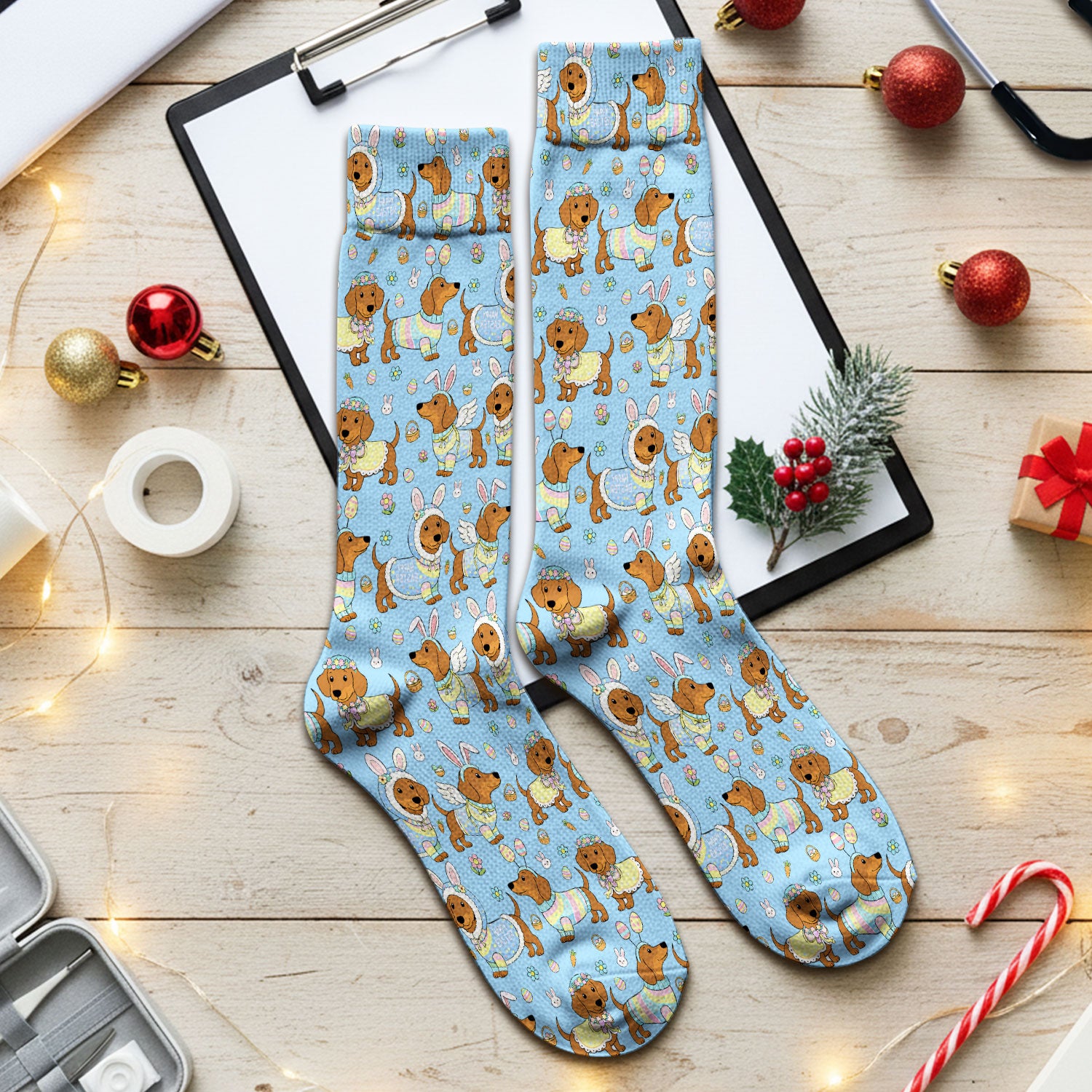 Easter Dachshund Bunny Pattern Nurse Socks, Breathable Fabrics Medical Uniform