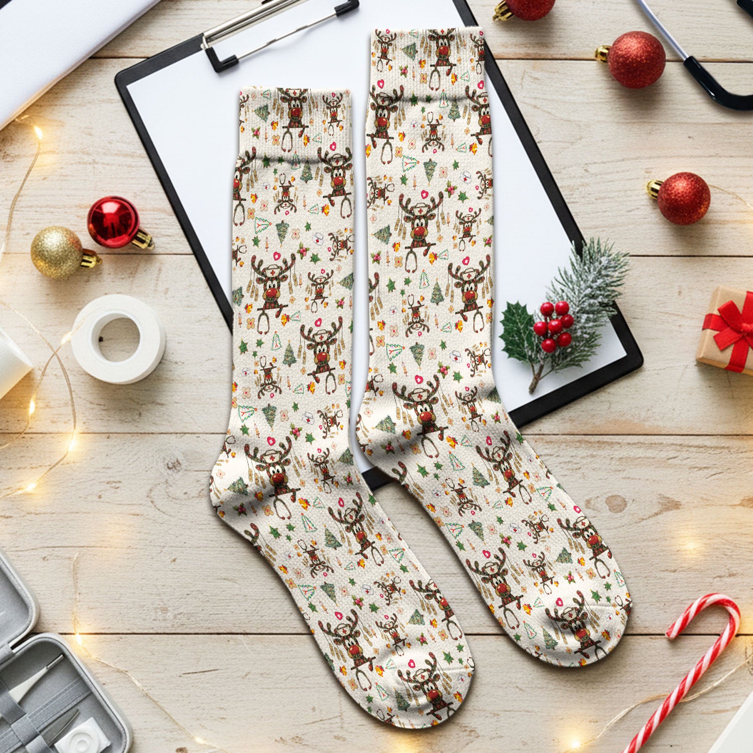 Reindeer Christmas Socks for Nurse Doctor - Funny Holiday Adult Socks for Men and Women - Breathable Fabrics Medical Uniform