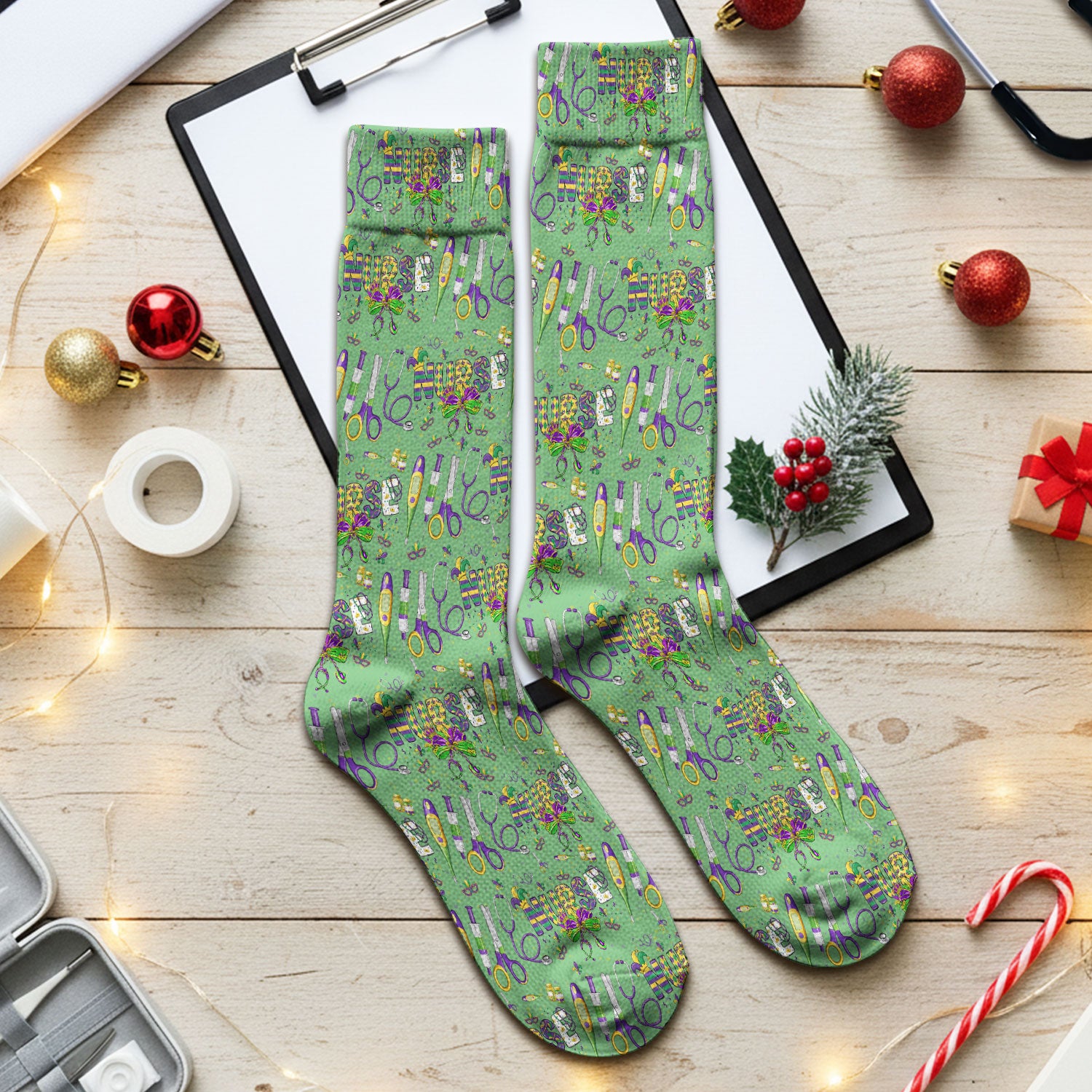 Mardi Gras Nurse Scrub Socks, Holiday Medical Pattern Nurse Sock, Breathable Fabrics Nursing Uniform