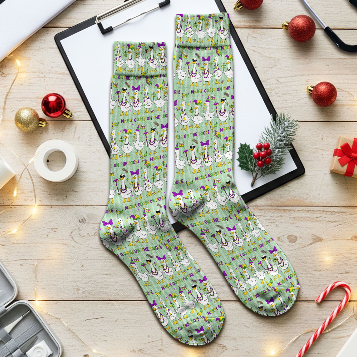 Mardi Gras Goose Nurse Scrub Socks, Funny Carnival Medical Pattern Nurse Sock, Breathable Fabrics Nursing Uniform