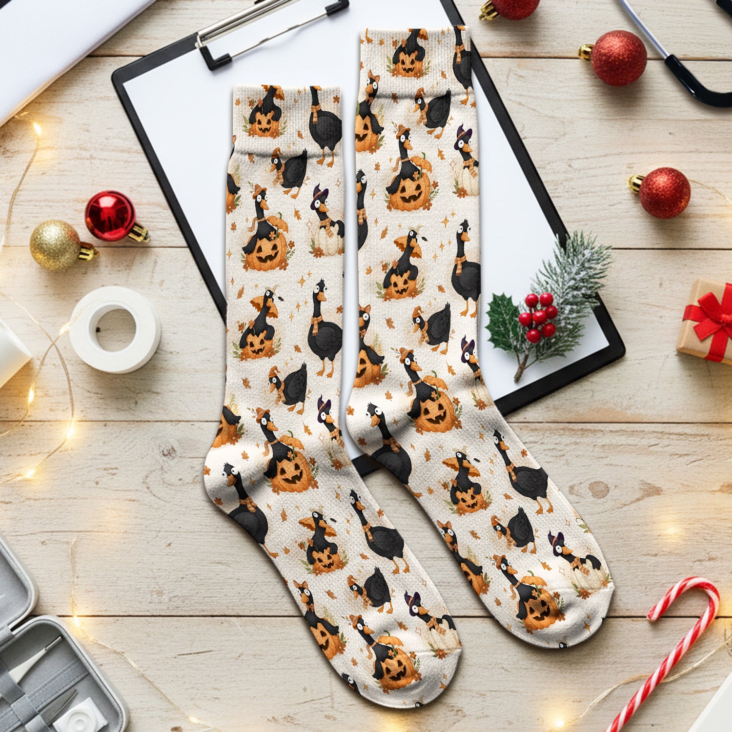 Pumpkin Black Goose Print Socks, Adult Socks for Men and Women