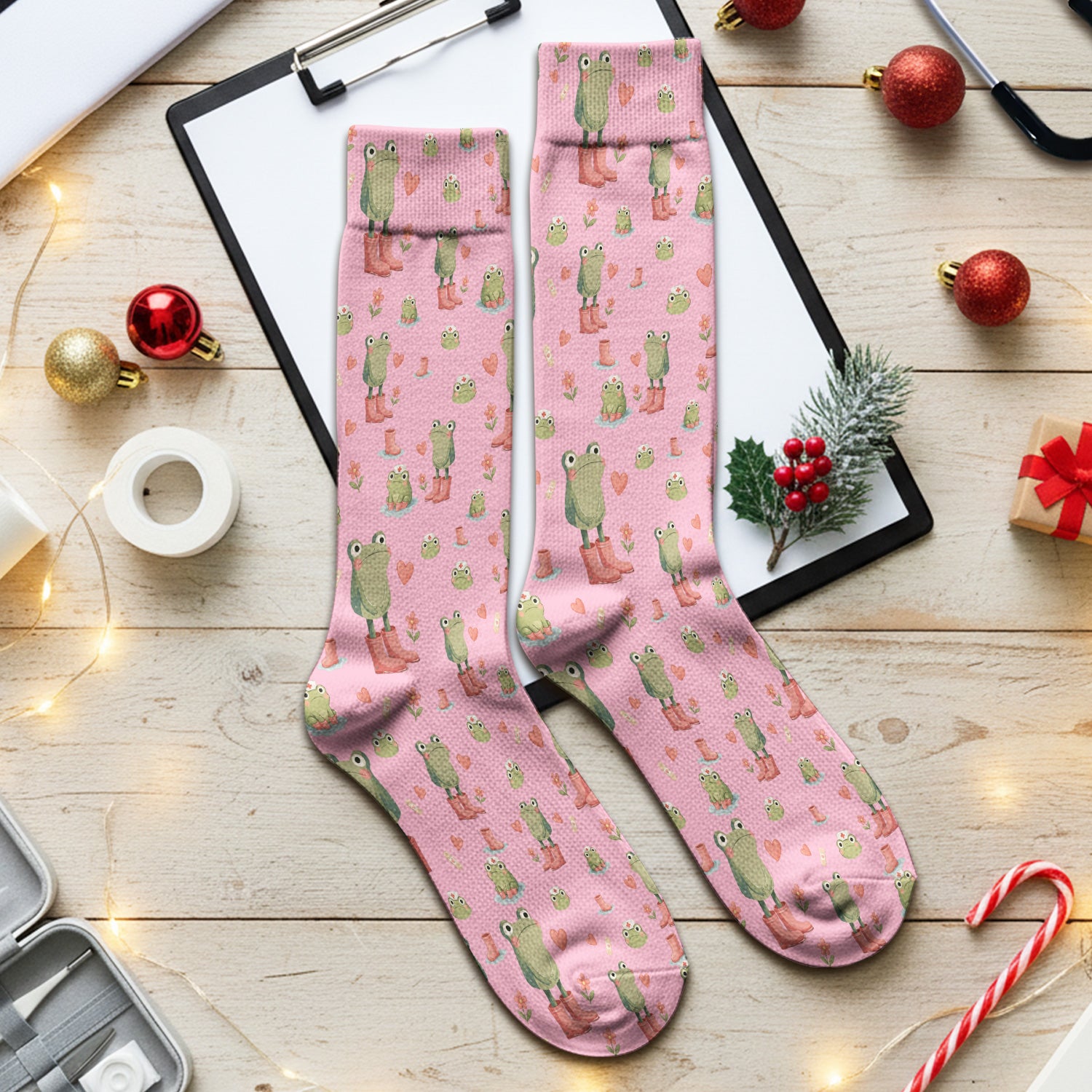 Adorable Frog Boots Heart Pattern Socks, Breathable Fabrics Medical Uniform