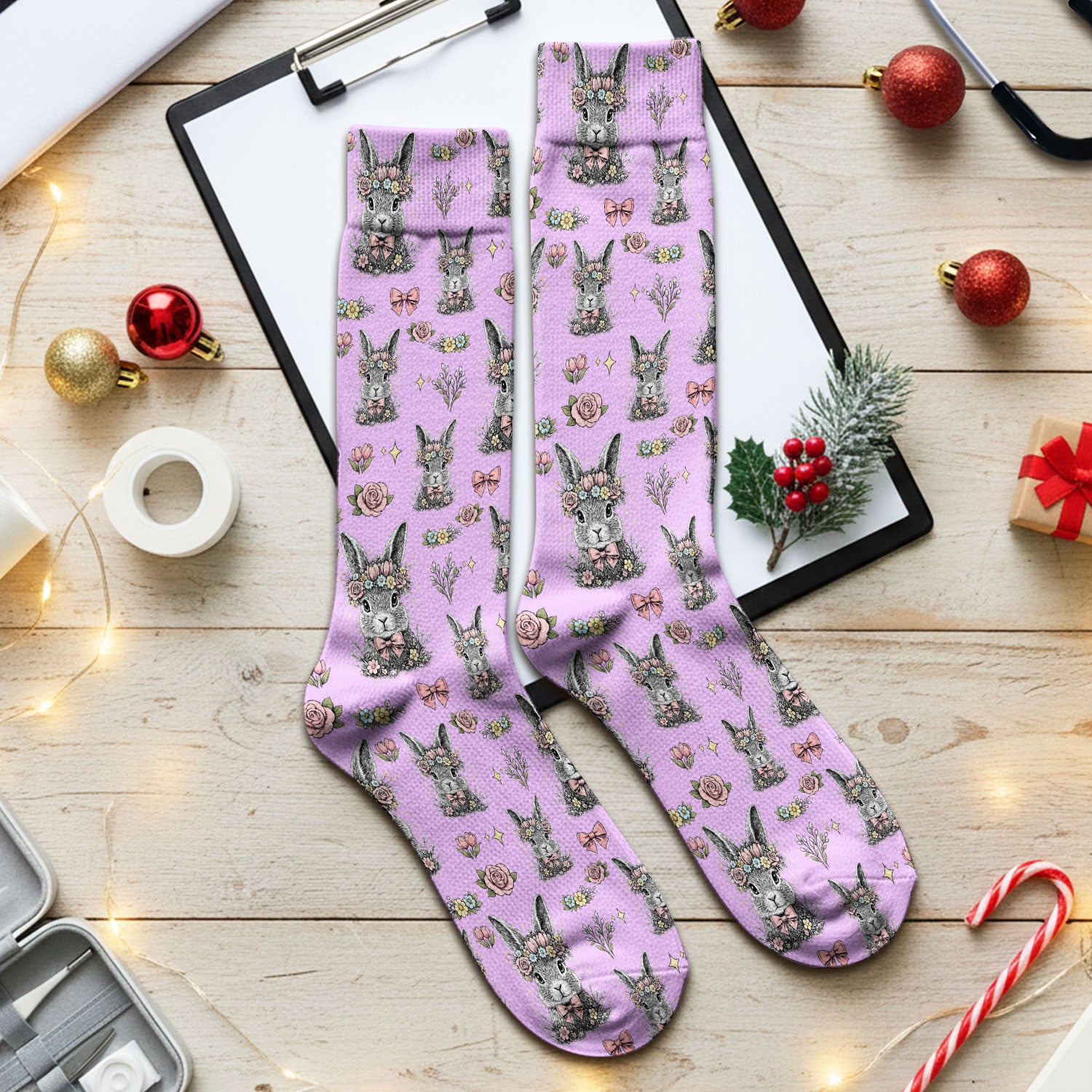 Vintage Floral Bunny Print Socks, Breathable Fabrics Medical Uniform