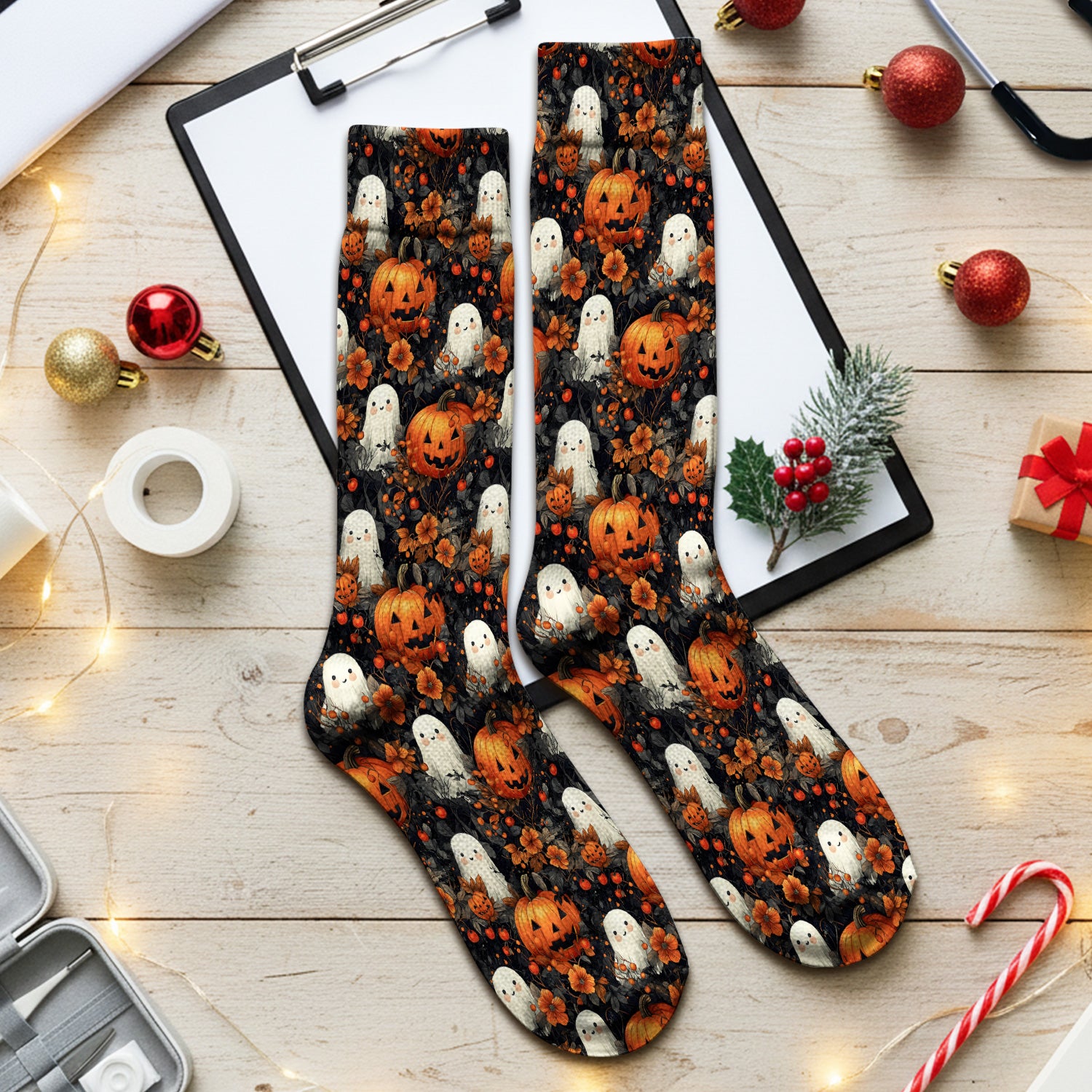 Spooky Halloween Ghost And Pumpkin Pattern Socks, Adult Socks for Men and Women