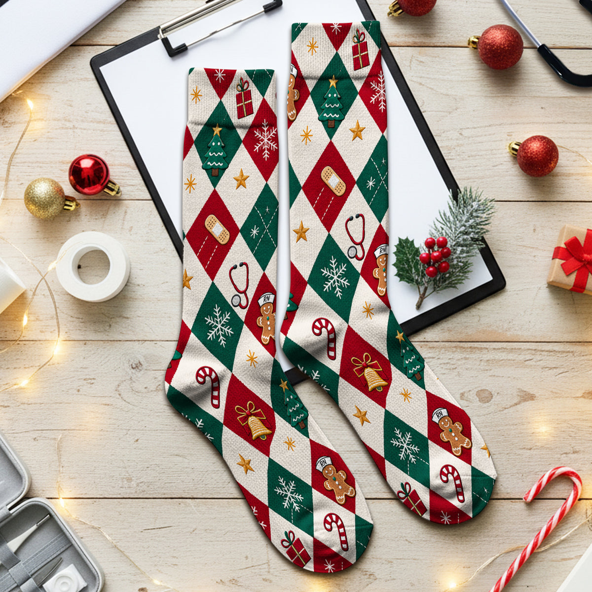 Christmas Gingerbread Nurse Argyle Socks, Adult Socks for Men and Women