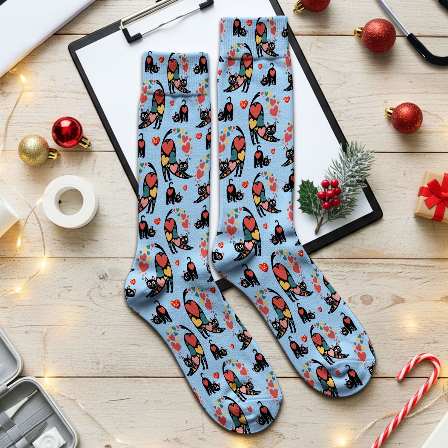 Playful Cat Valentine Heart Print Medical Socks, Socks for Nurse Doctor