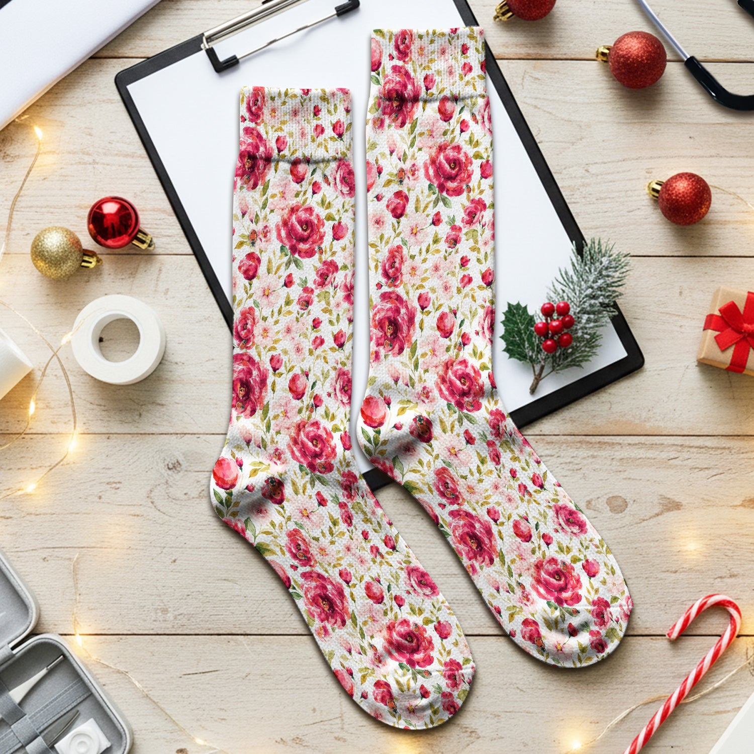 Pink Rose Ladybug Garden Pattern Socks, Adult Socks for Men and Women