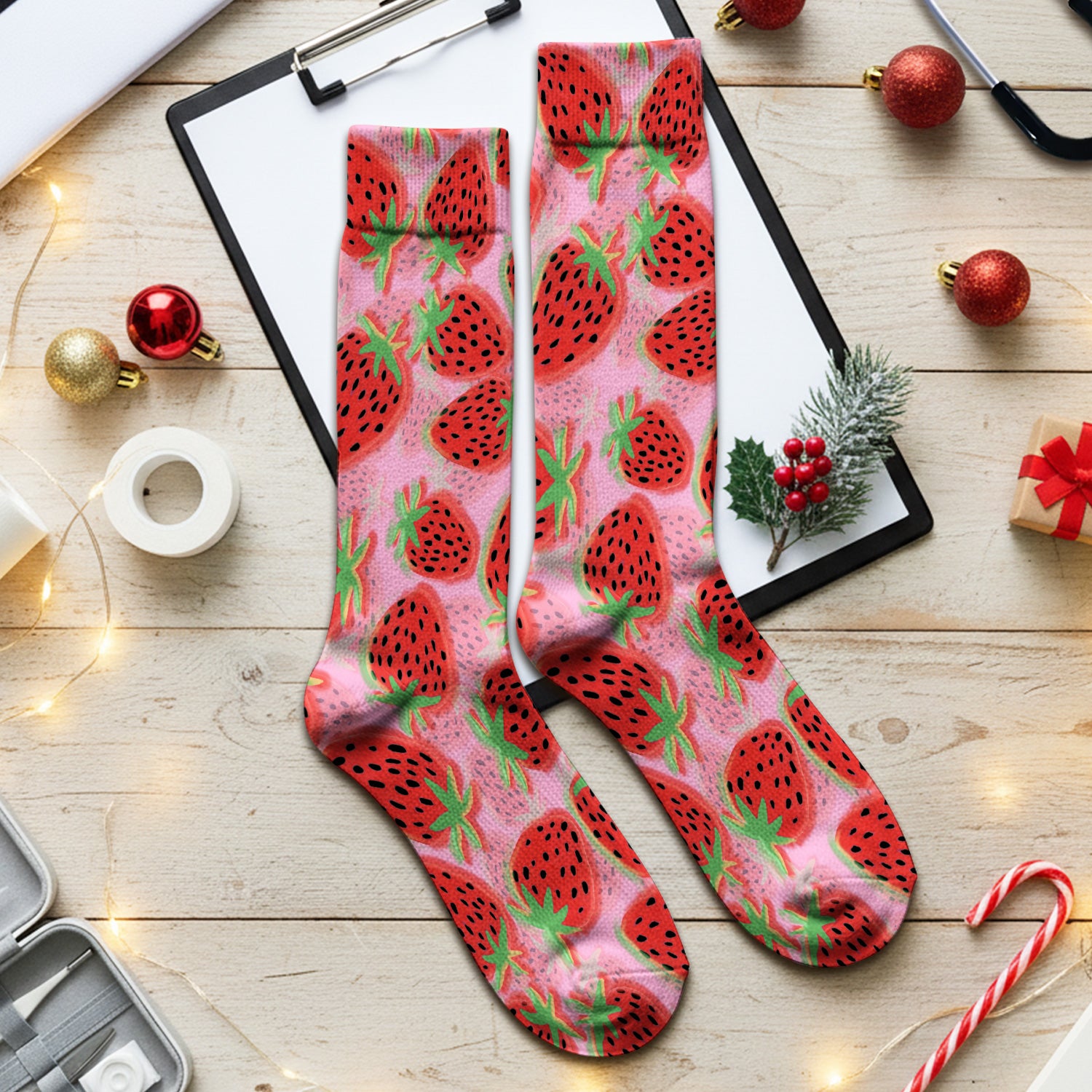 Pink Strawberry Pattern Socks, Breathable Fabrics Medical Uniform