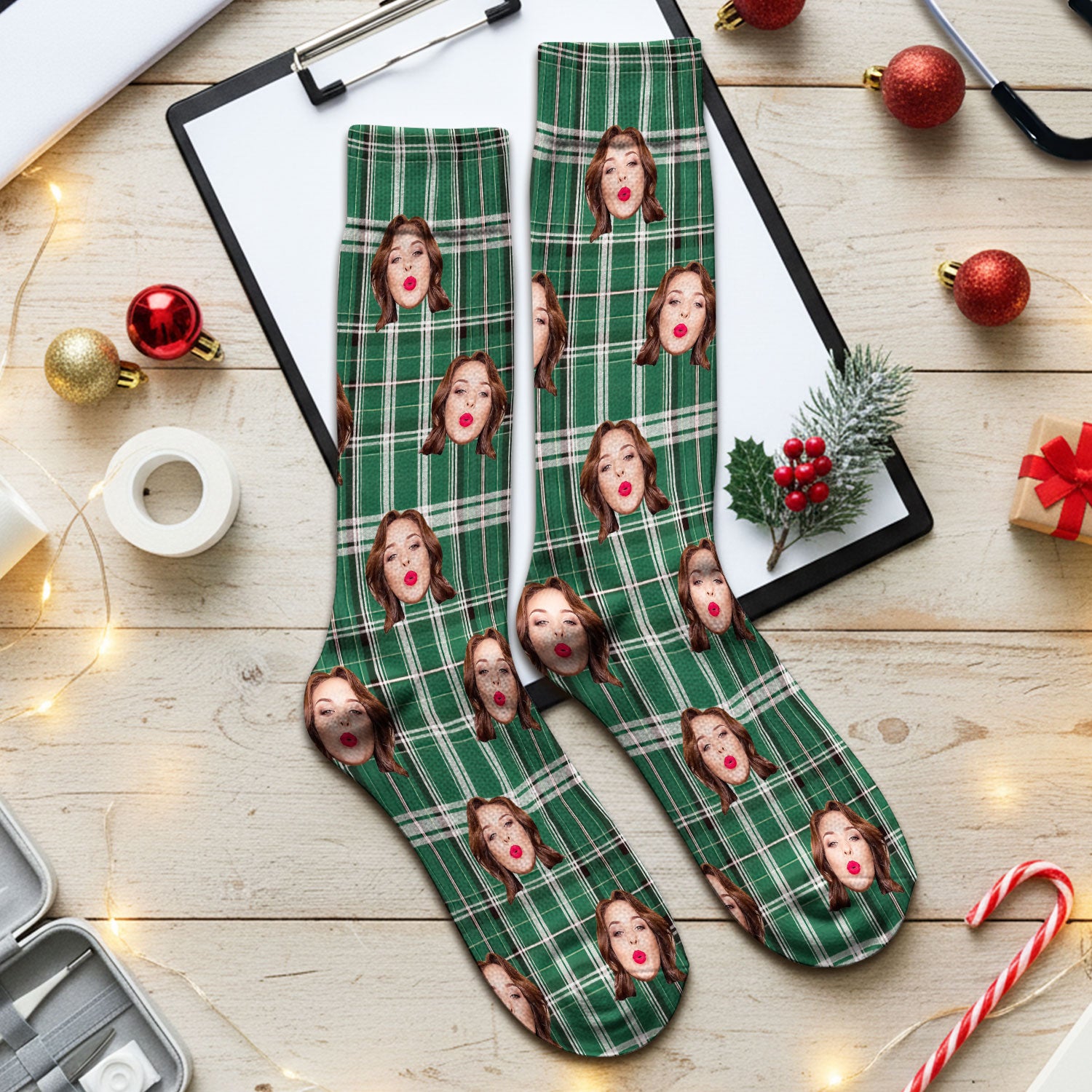 Personalized Funny Face Plaid Medical Socks, Custom Photo Pattern Socks For Nurse Doctor, Breathable Fabrics Medical Uniform